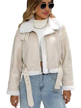 Women's Beige Polyester Faux Shearing Moto Thick Lined Winter Leather Jacket